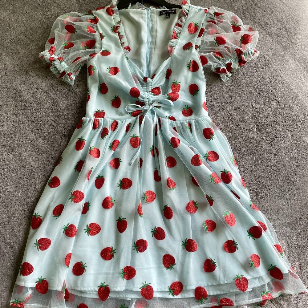 Smak Parlour Light Blue & Strawberry Print Woodstock Flare Dress